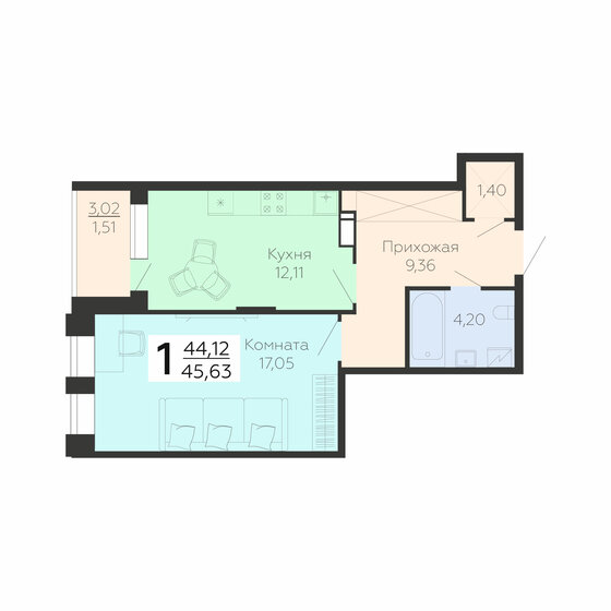 45,6 м², 1-комнатная квартира 4 654 260 ₽ - изображение 1