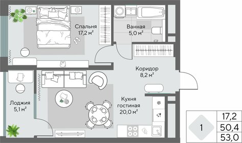 Квартира 53 м², 1-комнатная - изображение 2