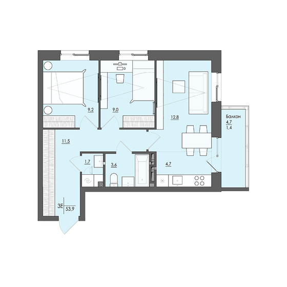 54,3 м², 3-комнатная квартира 6 383 000 ₽ - изображение 1