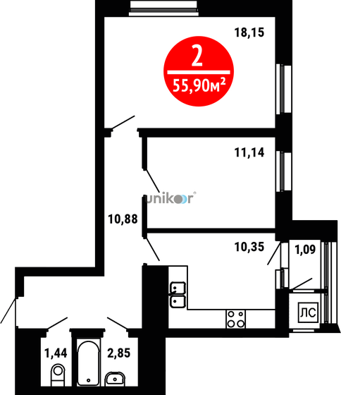 55,9 м², 2-комнатная квартира 5 869 500 ₽ - изображение 1