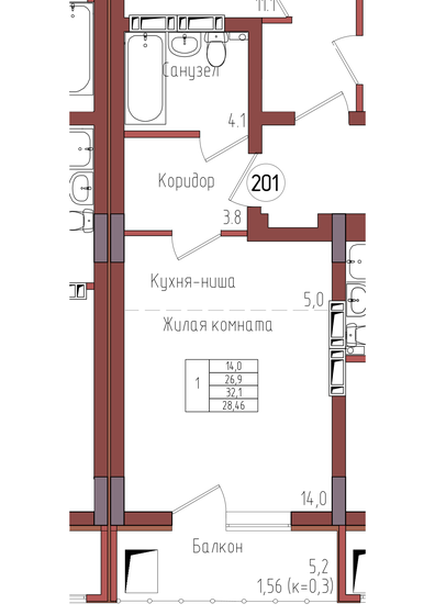 28,5 м², 1-комнатная квартира 4 121 113 ₽ - изображение 1