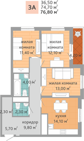 Квартира 76,8 м², 3-комнатная - изображение 1