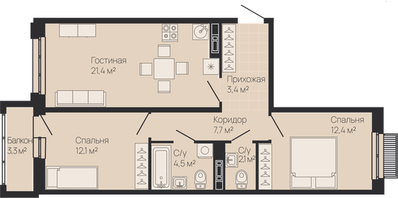 66 м², 2-комнатная квартира 16 236 000 ₽ - изображение 1