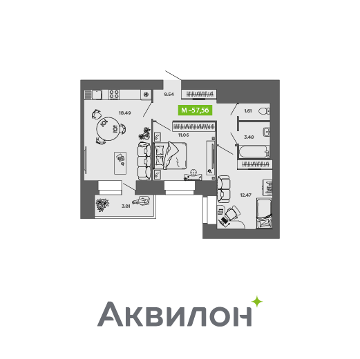 57,6 м², 2-комнатная квартира 6 980 241 ₽ - изображение 1