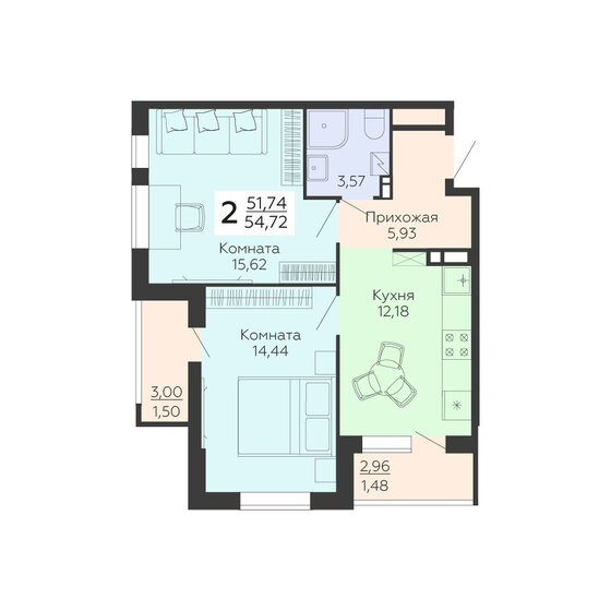 54,7 м², 2-комнатная квартира 6 949 440 ₽ - изображение 1