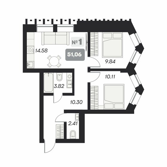 51,1 м², 2-комнатные апартаменты 9 200 000 ₽ - изображение 1