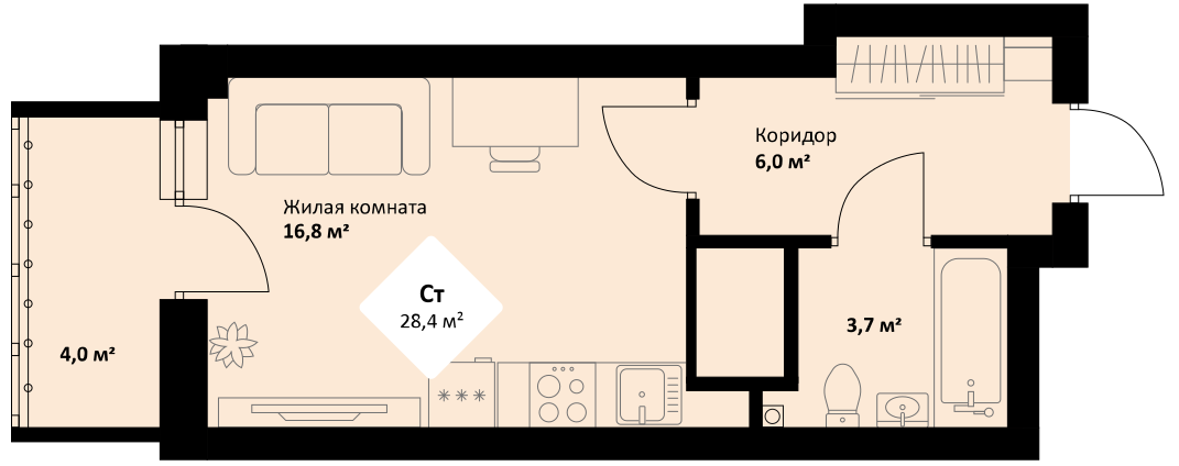 28,4 м², квартира-студия 5 538 000 ₽ - изображение 1