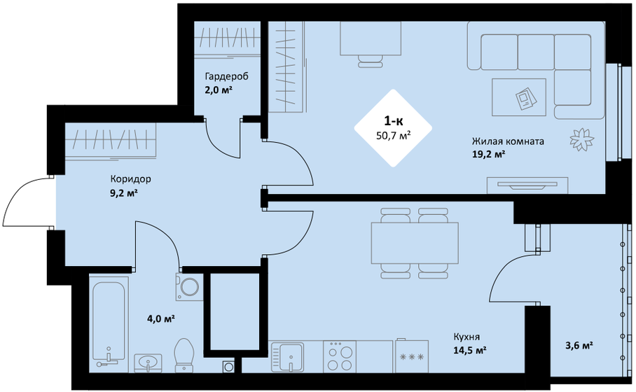 50,7 м², 1-комнатная квартира 8 973 900 ₽ - изображение 1