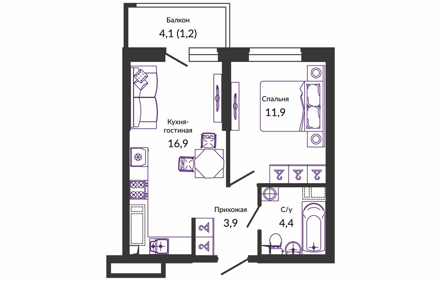 38,5 м², 1-комнатная квартира 6 252 400 ₽ - изображение 1