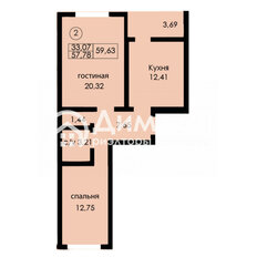 Квартира 59,6 м², 2-комнатная - изображение 1