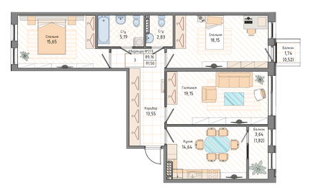 Квартира 91,5 м², 3-комнатная - изображение 1