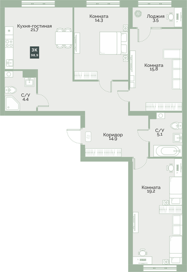 98,9 м², 3-комнатная квартира 8 307 600 ₽ - изображение 1