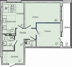 Квартира 63,7 м², 2-комнатная - изображение 1