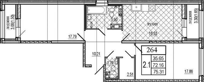 Квартира 75,3 м², 2-комнатная - изображение 1