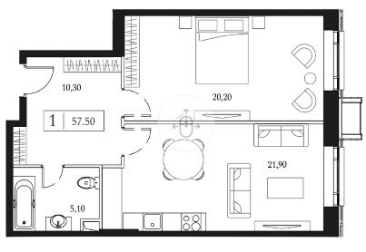 Квартира 57,5 м², 1-комнатная - изображение 1