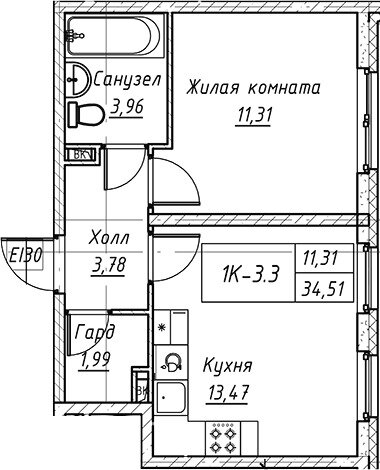 34,5 м², 1-комнатные апартаменты 4 700 000 ₽ - изображение 1