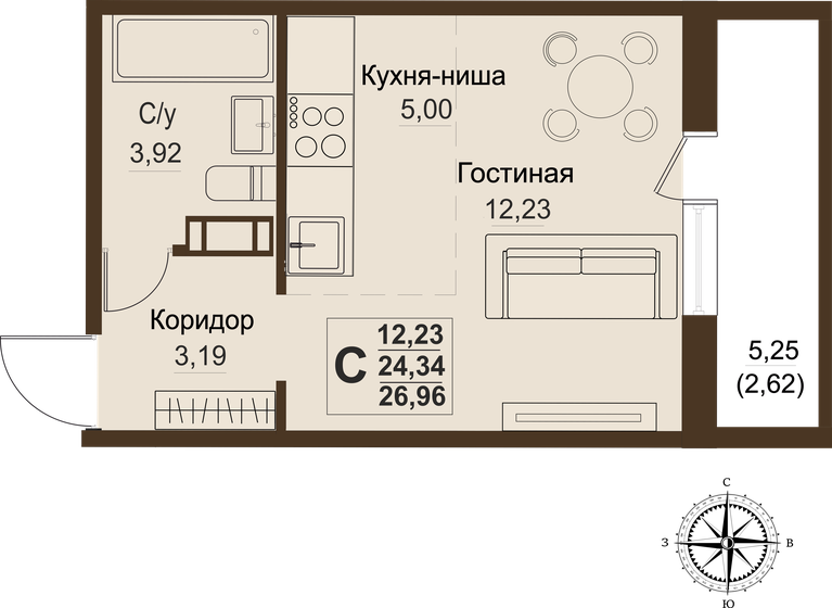 24,3 м², 1-комнатная квартира 2 689 570 ₽ - изображение 1