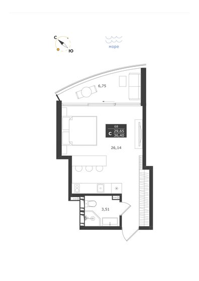 36,4 м², апартаменты-студия 13 914 528 ₽ - изображение 1
