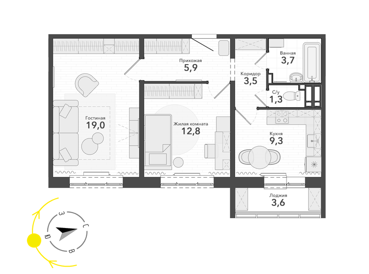 59,1 м², 2-комнатная квартира 6 910 000 ₽ - изображение 1
