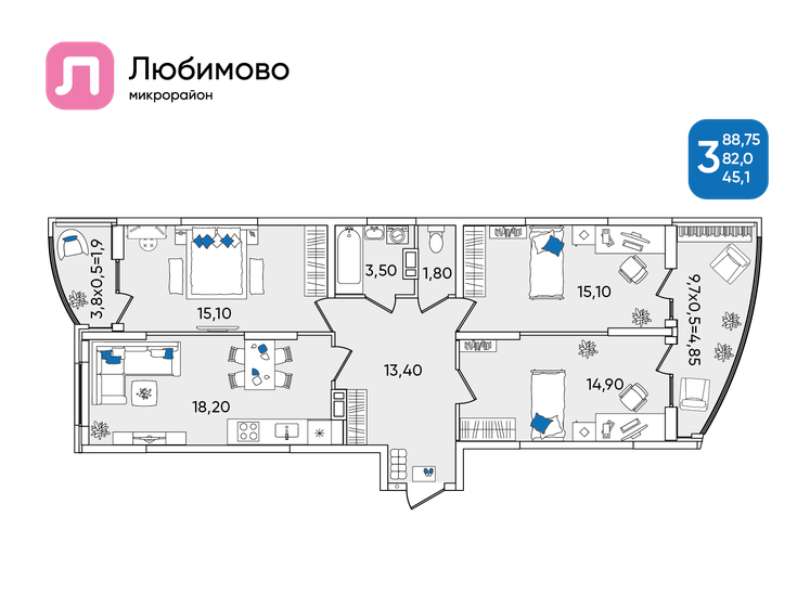 88,8 м², 3-комнатная квартира 9 746 702 ₽ - изображение 1