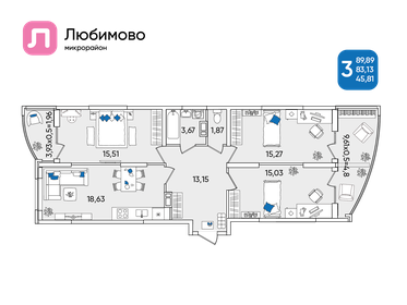 Квартира 89,9 м², 3-комнатная - изображение 1