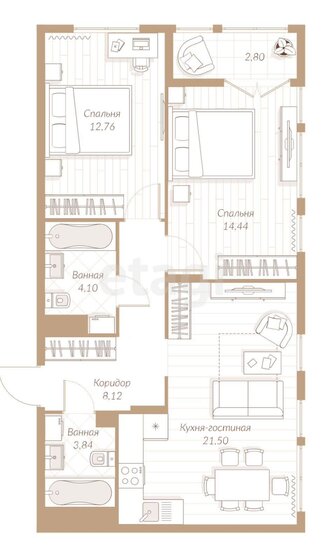 66,3 м², 2-комнатная квартира 8 600 000 ₽ - изображение 1