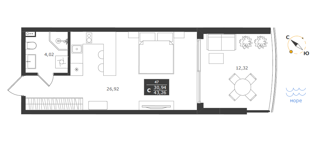 43,3 м², апартаменты-студия 13 430 360 ₽ - изображение 1