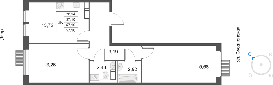 Квартира 57,1 м², 2-комнатная - изображение 1