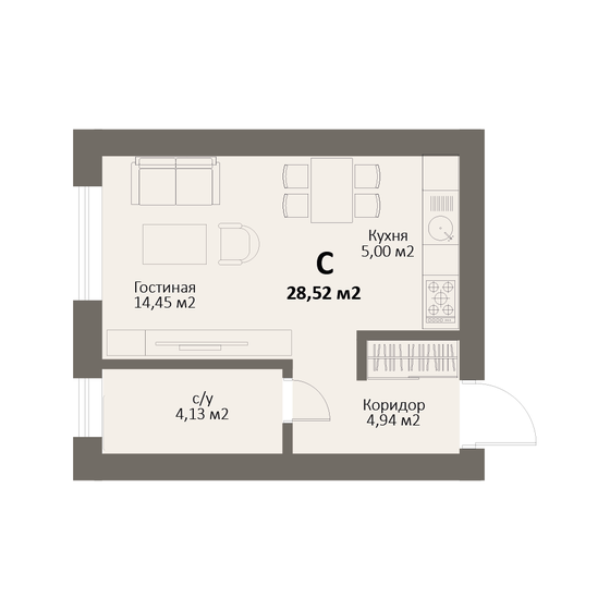 28,5 м², 1-комнатная квартира 4 420 600 ₽ - изображение 1