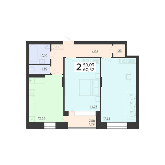 60,3 м², 2-комнатная квартира 6 152 640 ₽ - изображение 1