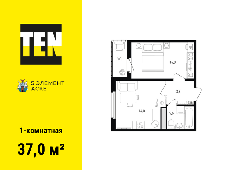 37 м², 1-комнатная квартира 5 261 400 ₽ - изображение 1