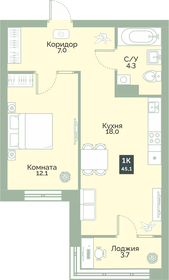 Квартира 45,1 м², 1-комнатная - изображение 1