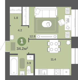 Квартира 34,2 м², 1-комнатная - изображение 1