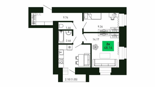 Квартира 48,2 м², 2-комнатная - изображение 1