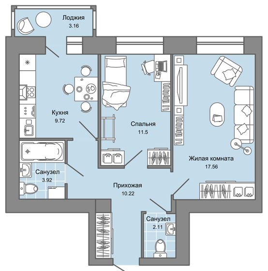 56 м², 2-комнатная квартира 6 096 222 ₽ - изображение 23