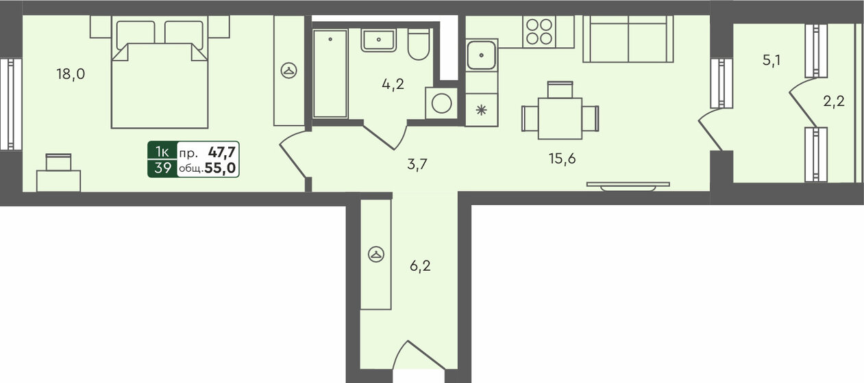 55 м², 1-комнатная квартира 6 260 000 ₽ - изображение 1