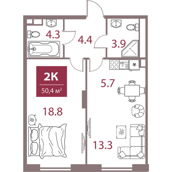 50,4 м², 2-комнатная квартира 32 190 480 ₽ - изображение 1