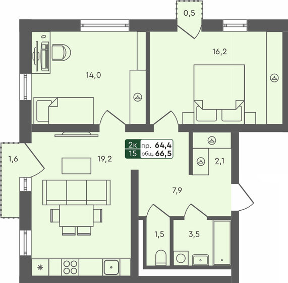 66,5 м², 2-комнатная квартира 7 954 200 ₽ - изображение 1