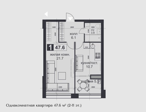 47,6 м², 1-комнатная квартира 5 300 000 ₽ - изображение 1