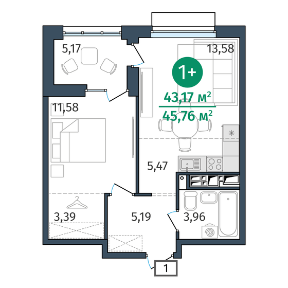 43,2 м², 1-комнатная квартира 7 318 000 ₽ - изображение 1