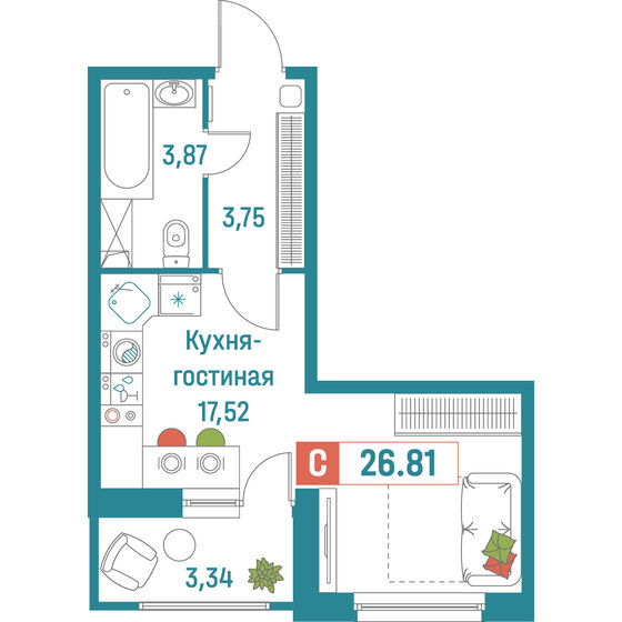 26,8 м², квартира-студия 5 522 860 ₽ - изображение 32