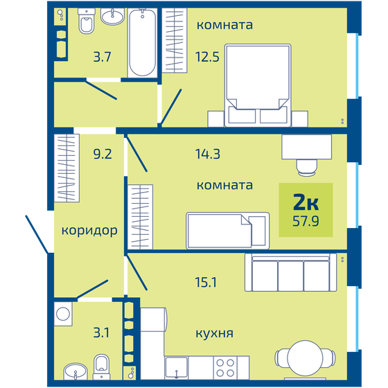 57,9 м², 2-комнатная квартира 5 490 000 ₽ - изображение 1