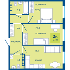 57,9 м², 2-комнатная квартира 5 490 000 ₽ - изображение 68