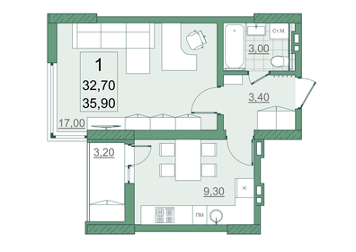 32,7 м², 1-комнатная квартира 3 989 400 ₽ - изображение 5