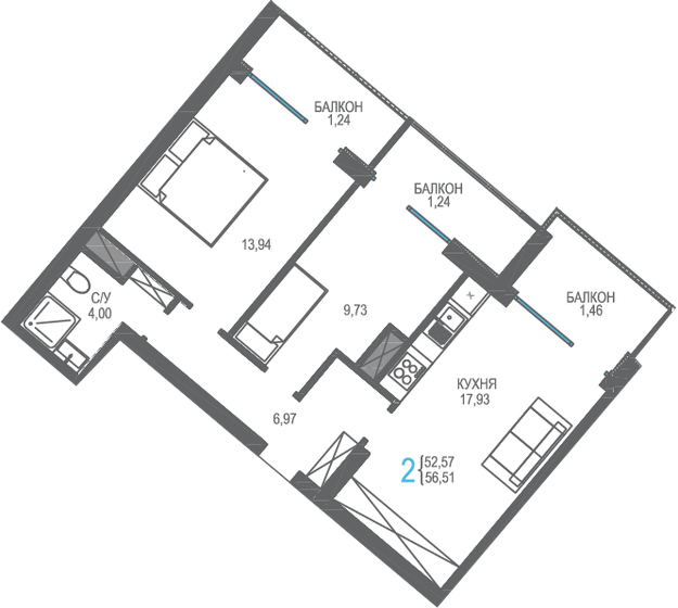 56,5 м², 2-комнатная квартира 15 257 700 ₽ - изображение 1