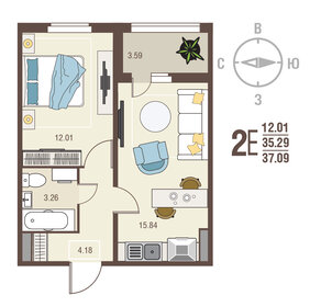 Квартира 37,1 м², 1-комнатная - изображение 1