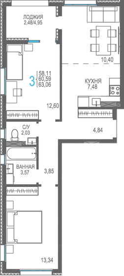 60,6 м², 3-комнатная квартира 11 512 100 ₽ - изображение 1