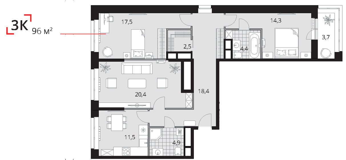 96 м², 3-комнатная квартира 29 123 000 ₽ - изображение 1