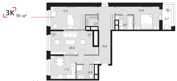 Квартира 96 м², 3-комнатная - изображение 1