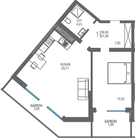 Квартира 61,9 м², 1-комнатная - изображение 1